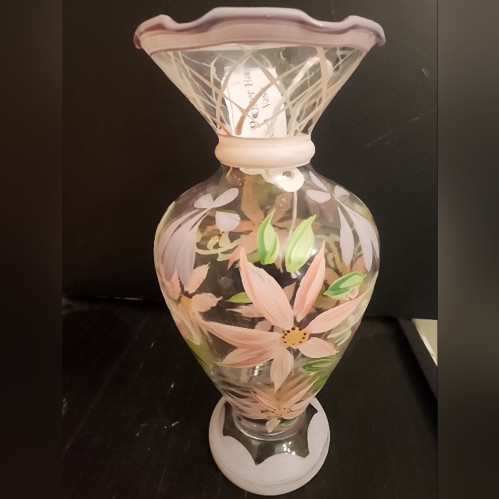 Tracy Porter Hand Painted Glass Vase, Scalloped Detail. Pink & Green MADE IN USA